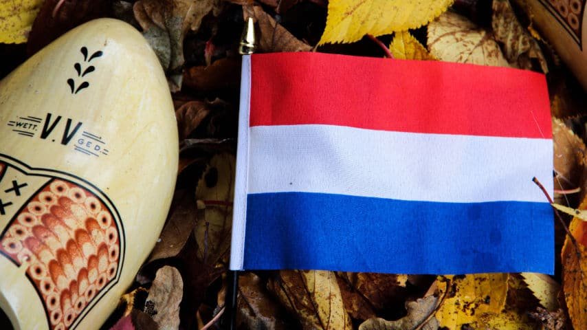Where is the Dutch Language spoken besides the Netherlands? Picture of Pair of Dutch klompen and the flag of Holland by Denise Jans at Unsplash. Unsplash License. https://unsplash.com/es/fotos/KjZk7cMgE6w