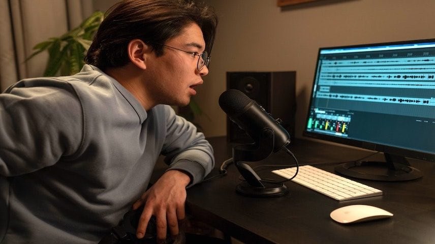 Man in front of a microphone and a computer. Pexels license: https://www.pexels.com/photo/a-man-in-gray-sweater-sitting-at-the-table-6892885/