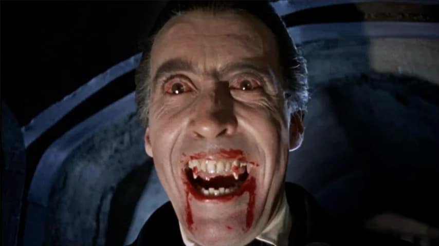 Iconic Movie Villains: The British Accent Factor. Close up of Christopher Lee performing Dracula in the Horror of Dracula (1958) Film from the Hammer Films.