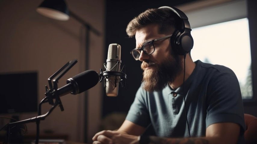 Corporate Voice Over Rates. Photo of a male voice over talent sat in from on a microphone in a recording studio. Image licence from FreePik: https://www.freepik.com/free-ai-image/young-musician-with-guitar-records-rock-performance-generated-by-ai_42129511.htm This image is being used to illustrate the article "Corporate Voice Over Rates: An Essential Guide."