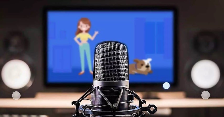 How to Add Voice-Over to Animations. Photo of microphone in front of an screen showing an animation. This image is being used to illustrate the article "How to Add Voice-Over to Animations: Top Tips"