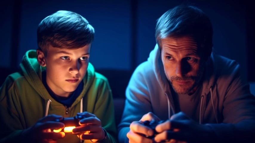 Video Game Voice Over Rates. Photo of two men bonding indoors playing video games generated by AI. Image licence from FreePik: https://www.freepik.com/free-ai-image/two-men-bonding-indoors-playing-video-games-generated-by-ai_41030416.htm This image is being used to illustrate the article "Video Game Voice Over Rates Unveiled."