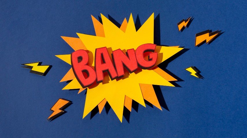 How to End Your Video with a Bang. Photo of comics speech bubble arrangement with the word "bang" written. This image is used to illustrate the article “How to End Your Video with a Bang: Expert Tips.” Freepik license: https://www.freepik.com/free-photo/top-view-comics-speech-bubble-arrangement_15416427.htm