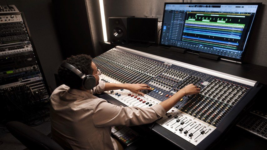 WAV or MP3. Photo of sound engineer with headphones in a recording studio. This image is used to illustrate the article “WAV or MP3 - A Voice-Over Perspective.” Freepik license: https://www.freepik.com/free-photo/medium-shot-man-with-headphones_20931317.htm